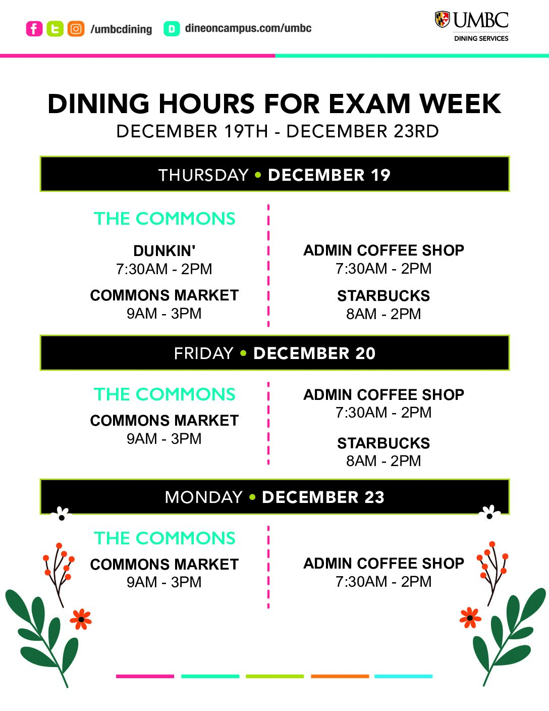 Dining Hours for End of Year