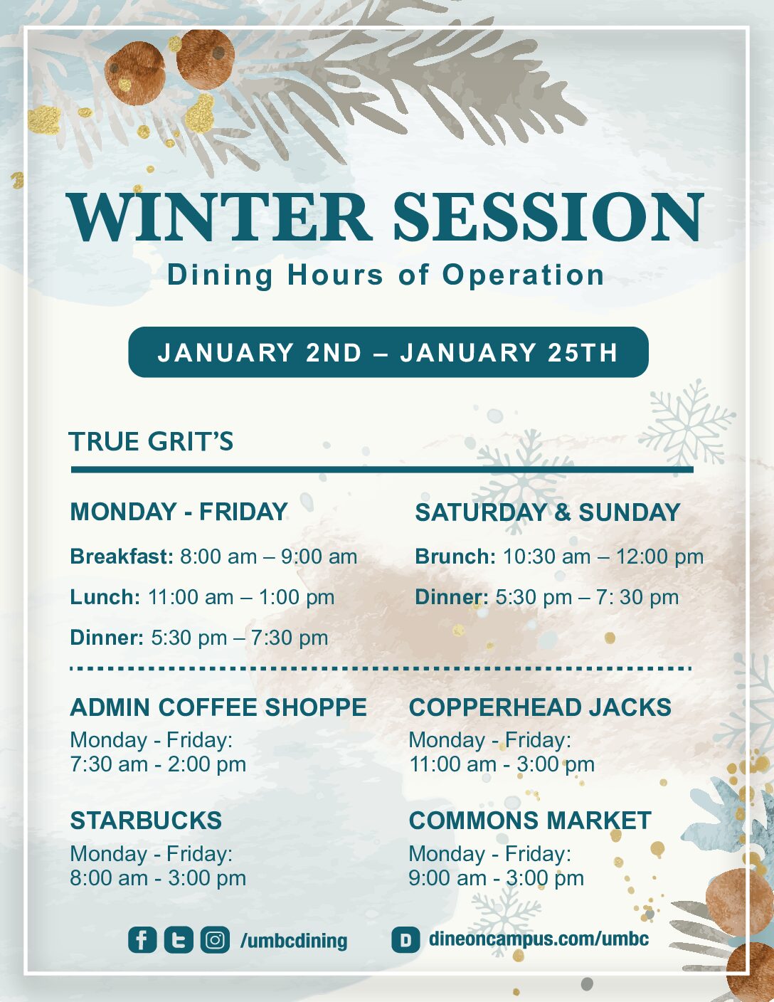 Winter Session 2025 Dining Hours