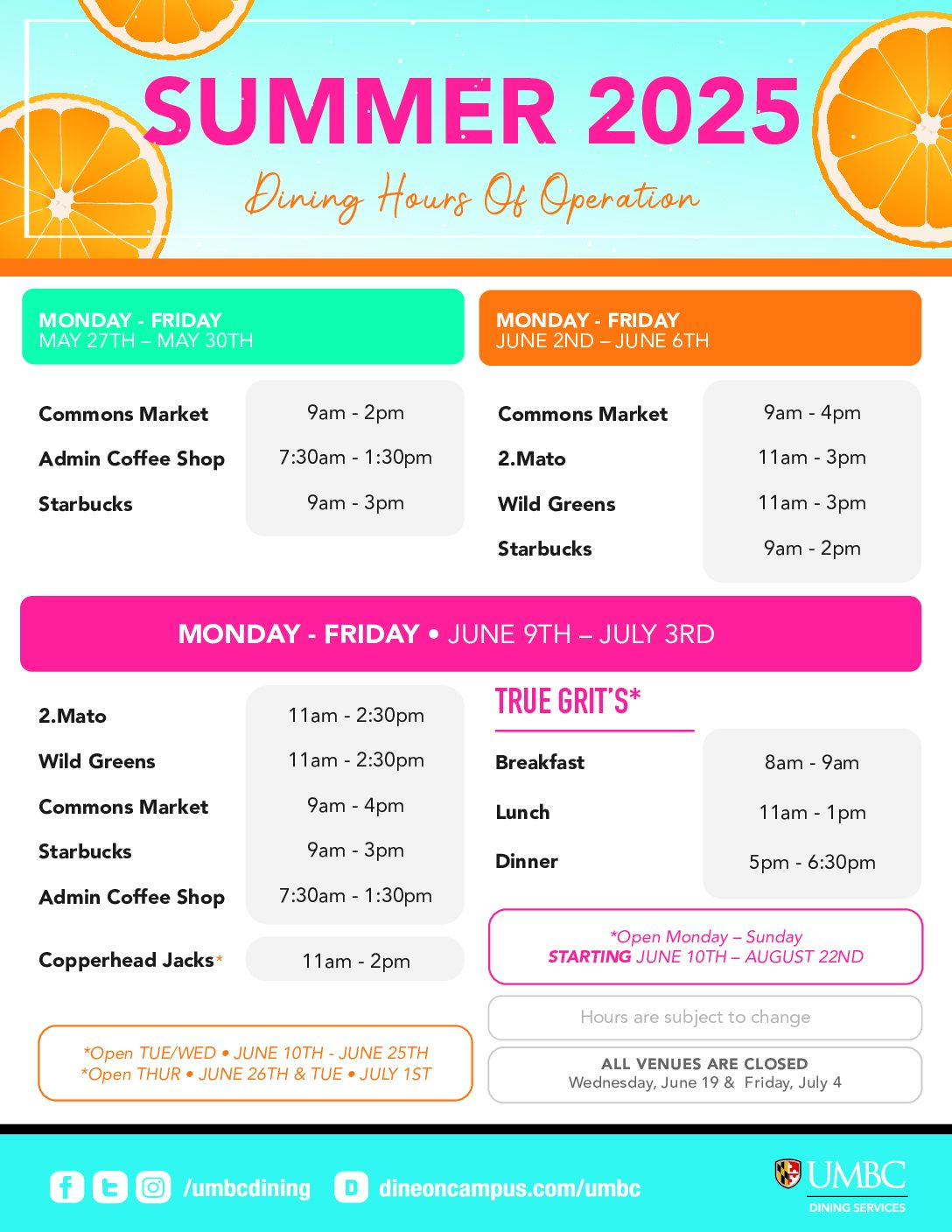 Summer 2025 Dining Hours